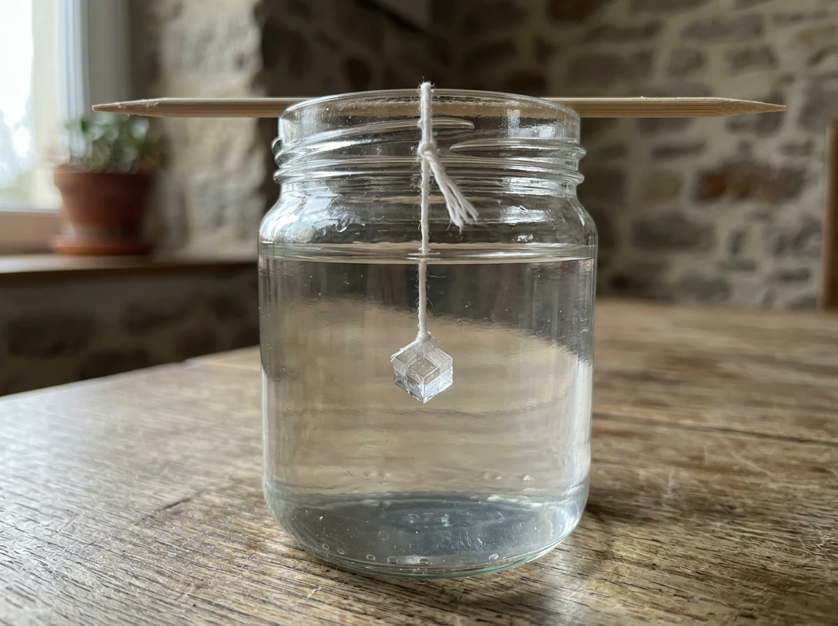 Small seed crystal tied to a string hanging in a supersaturated solution jar