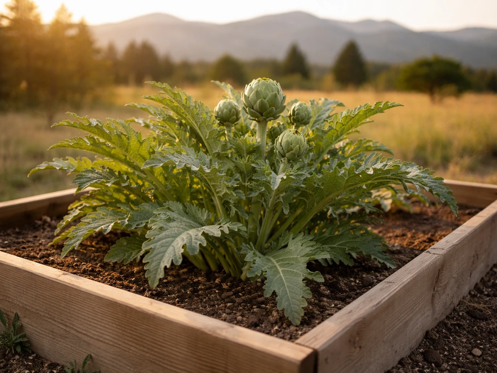 Sunlit raised garden bed in Colorado with a vigorous artichoke plant showing silvery leaves.