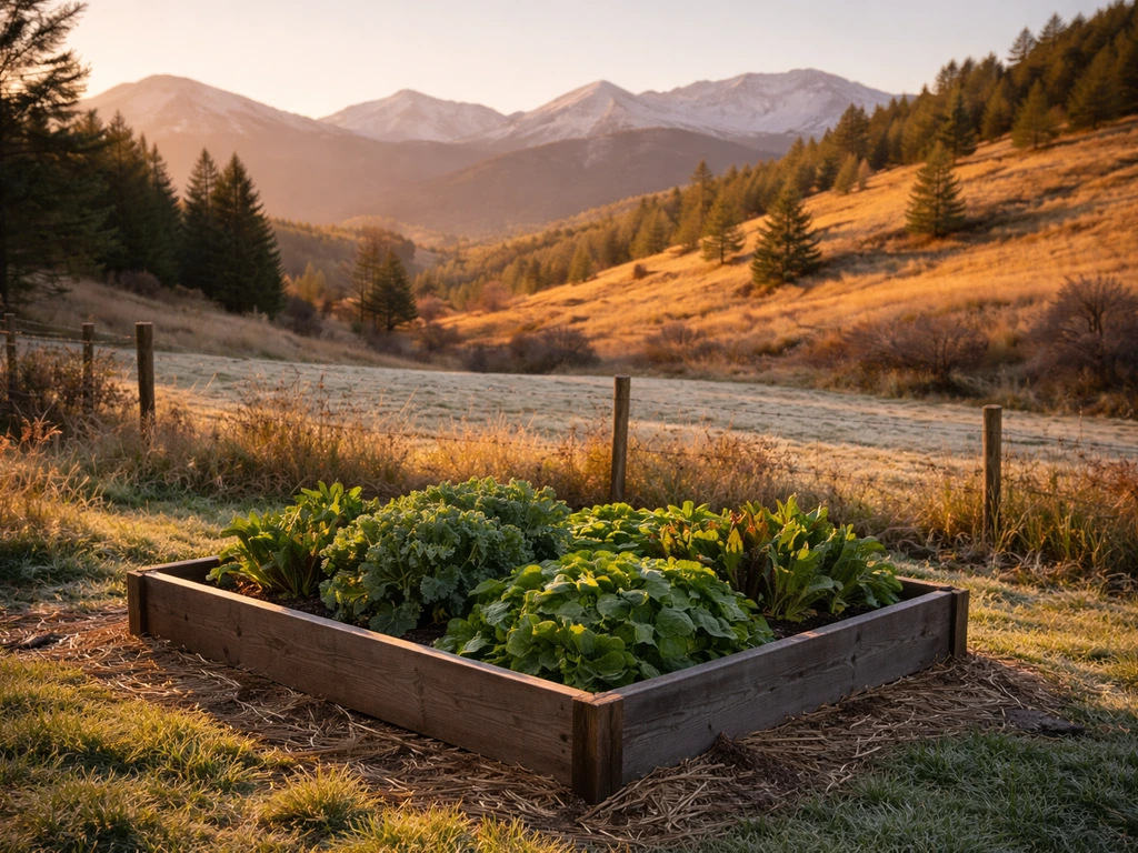 Sunlit Colorado Front Range hillside with a small vegetable bed, suggesting warm microclimates for artichokes.