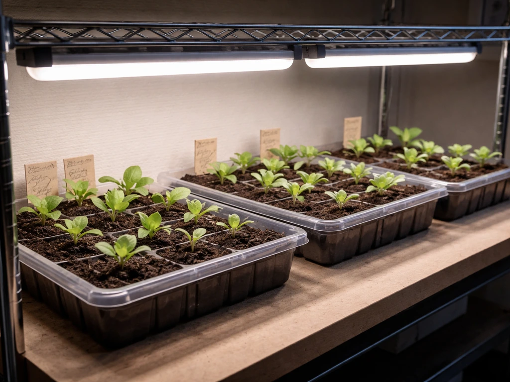 Artichoke seedlings in seed trays under grow lights on a bench, with small date tags in the background.