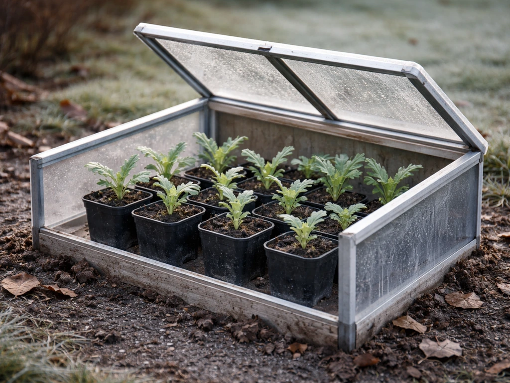Artichoke seedlings in a simple cold frame outdoors under cool winter light.