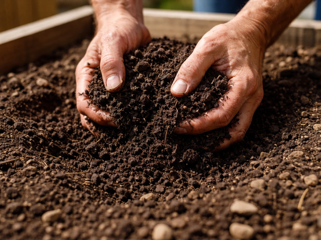 Gardener hands mixing compost into well-draining soil in a sunny garden bed with a wind-shelter fence behind