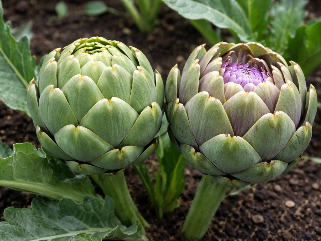 Close-up of two artichokes: one tightly budded to harvest and one starting to flower.