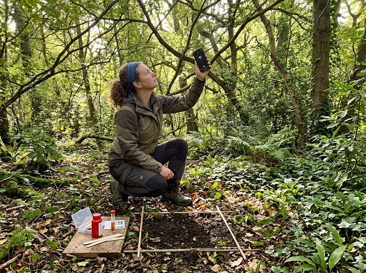 Gardener checks sunlight and tests soil in a forest understory