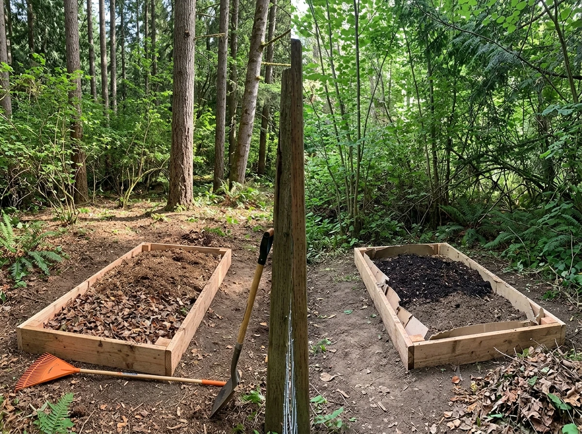 Raised woodland garden bed setup with selective clearing and mulching