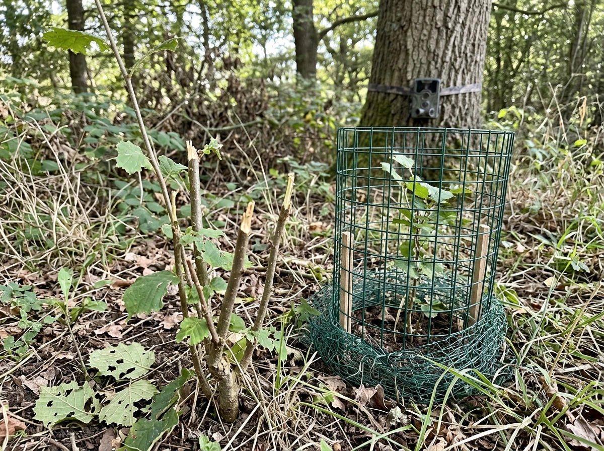 Forest-edge plant protected from deer with browse damage visible