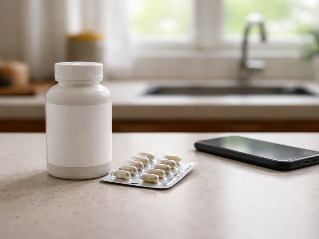 Generic dietary supplement bottle and pills on a kitchen counter with natural light.
