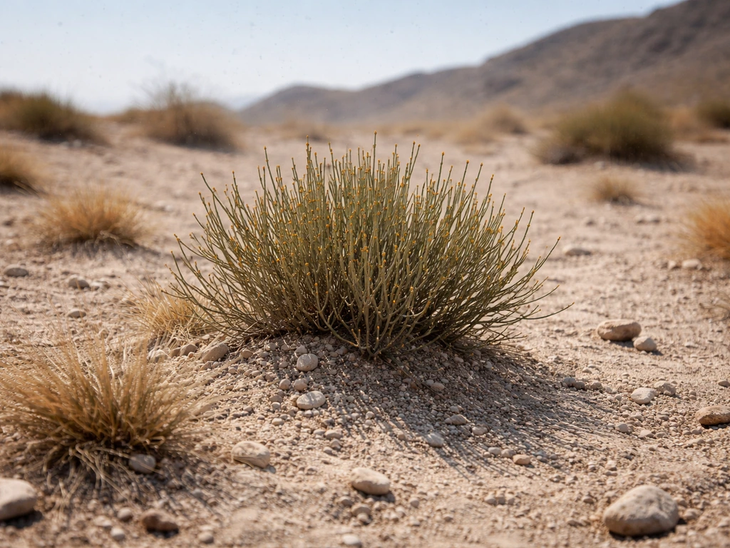 A hardy ephedra shrub growing in rocky arid soil under intense sun and dry wind.