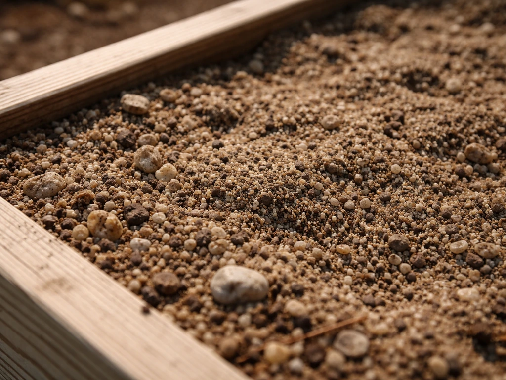 Close-up of gritty sandy gravel soil in a raised planting bed with sharp drainage texture