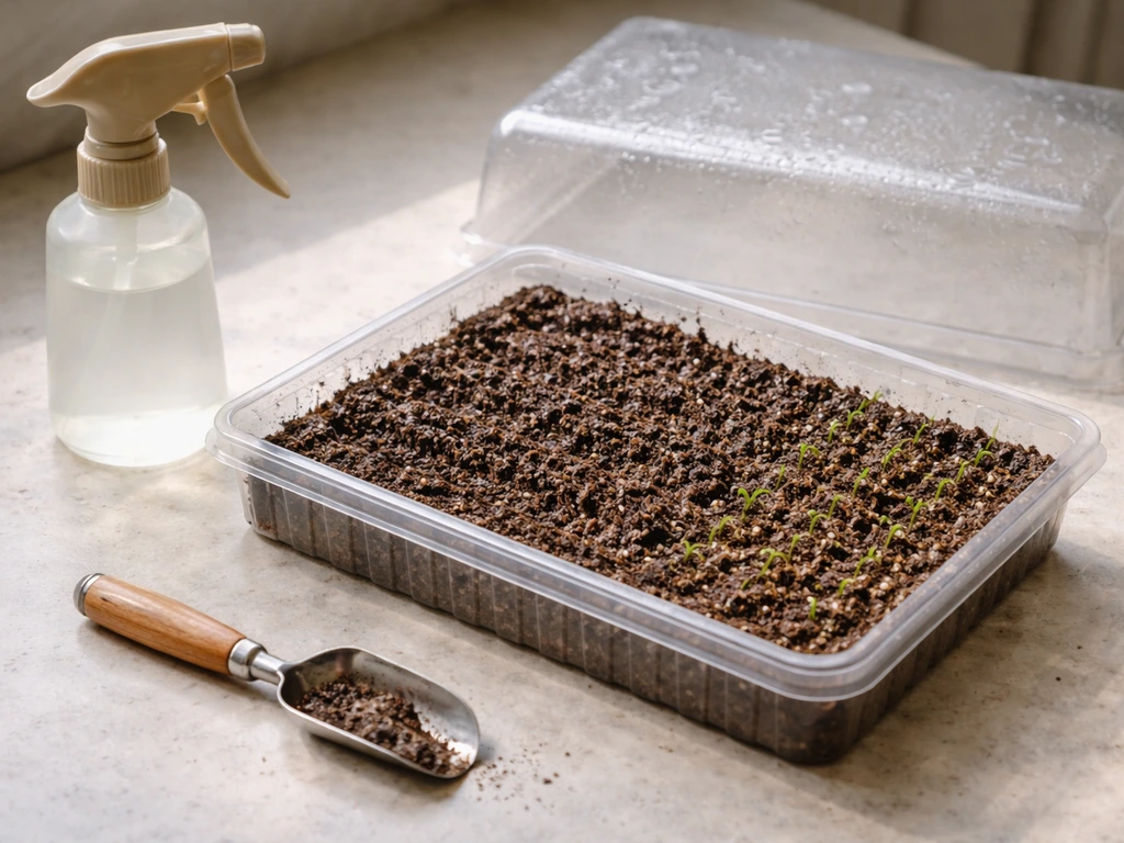Clear seed-starting tray with moist soil and tiny sprouts, with a plastic dome and mist spray nearby.