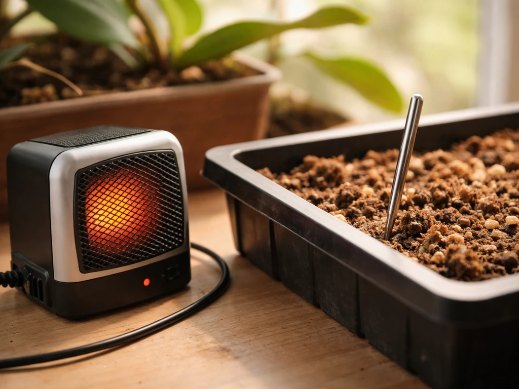 Close-up of a heater and thermometer probe maintaining warm indoor conditions for vanilla growth.