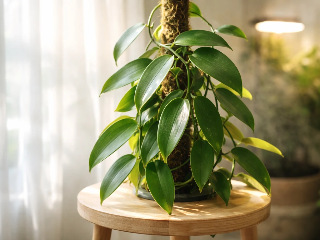Vanilla plant leaves in bright filtered light from a sheer curtain, showing light and moisture ambiance