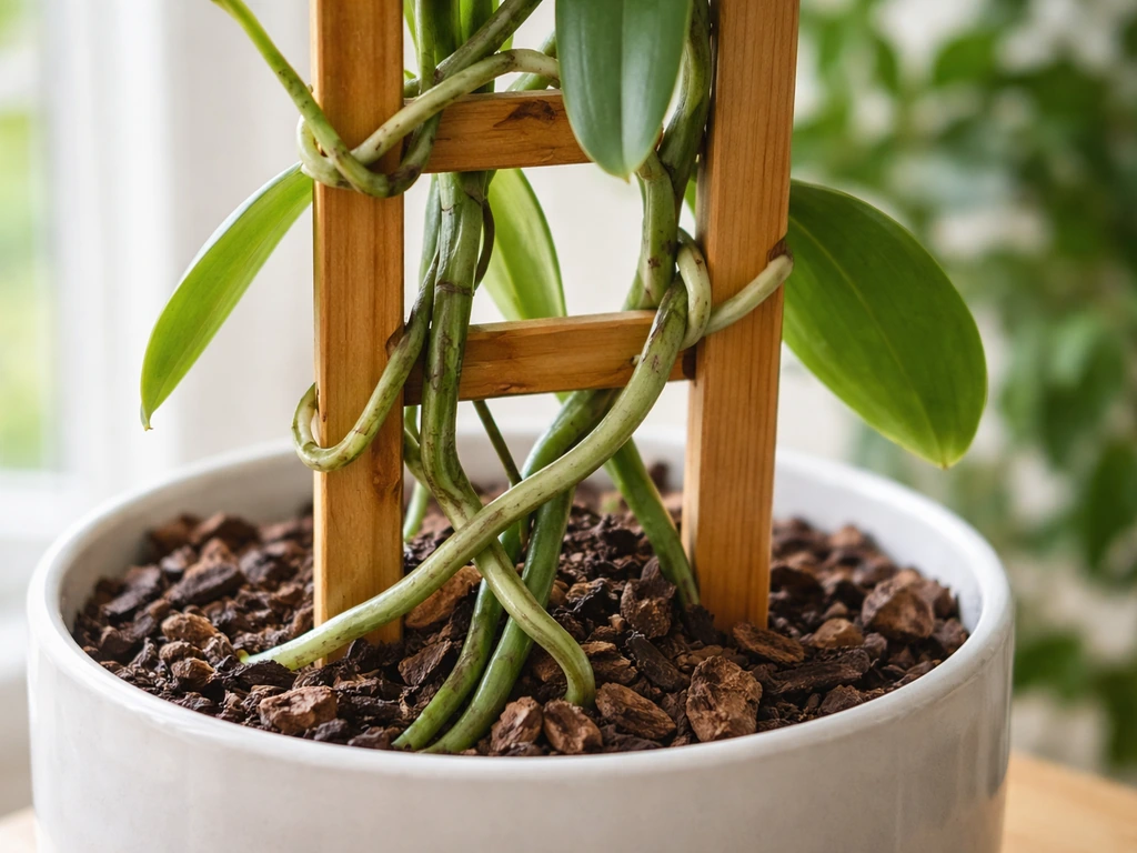 Vanilla orchid in an indoor pot climbing a wooden trellis with aerial roots anchored to supports and growing medium.