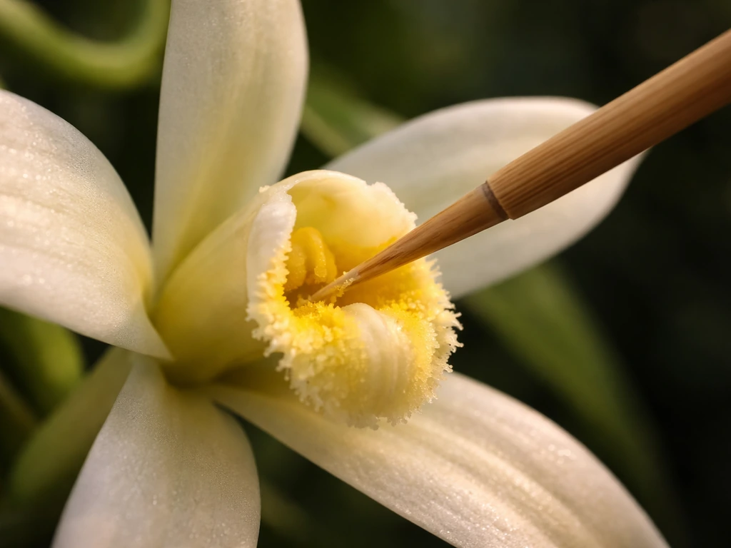 Macro close-up of hand pollination tool touching a vanilla flower’s stamen