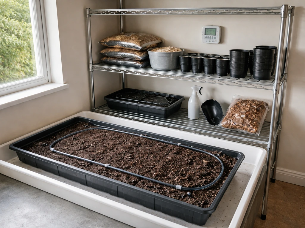Indoor grow room setup with a thermometer/hygrometer and staged planting materials ready for vanilla plants.