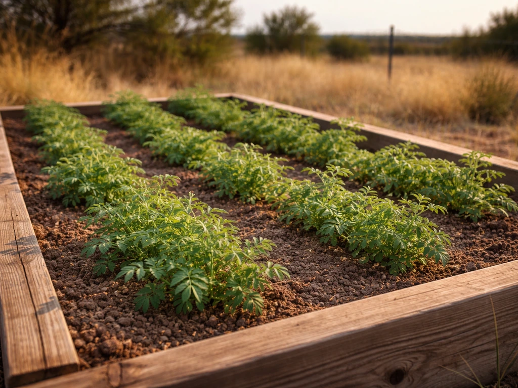 Chickpea plants growing in a Texas garden bed with warm-season landscape in the background