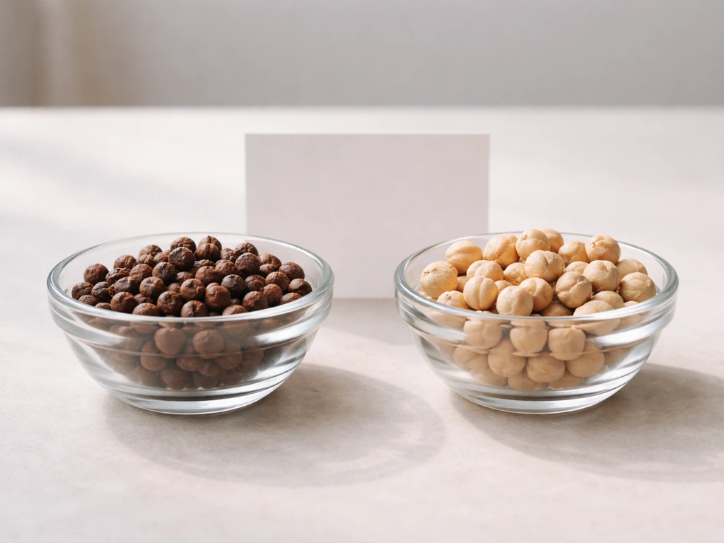 Side-by-side photo of Desi and Kabuli chickpea seeds in shallow bowls with a small example card.