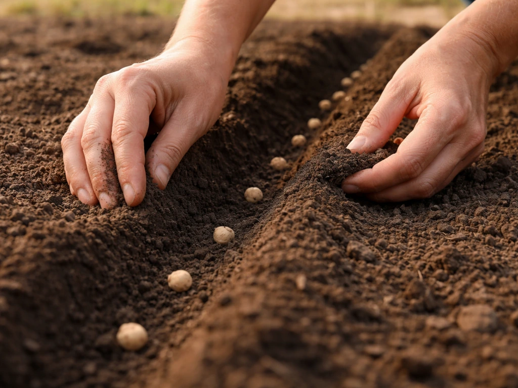 Hands place chickpea seeds into a shallow furrow, soil mounded to about 1.5–2 inches depth.