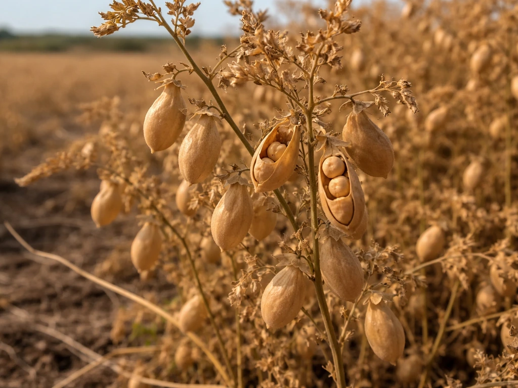 Harvest-ready chickpea plants with dry tan pods and papery brown seeds in a quiet field