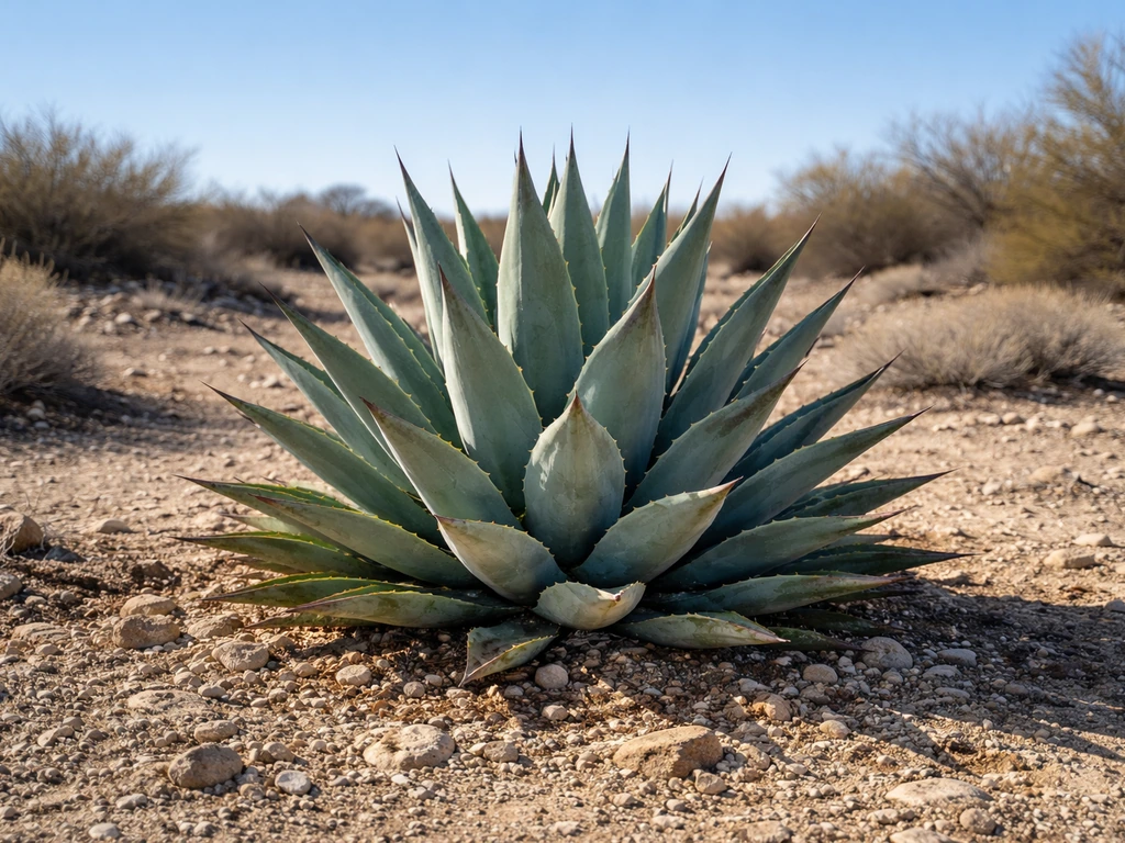 Healthy agave thriving outdoors in dry rocky soil under a clear winter sky.