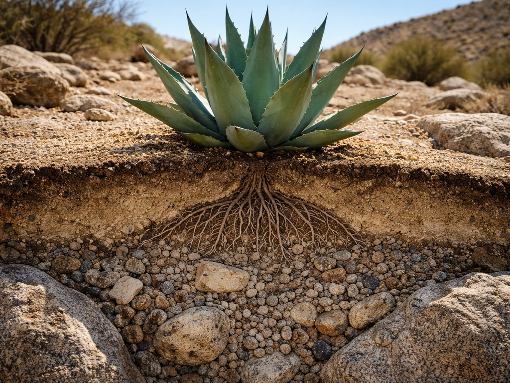 Agave thriving on a rocky desert slope with a visible fast-draining rock-and-soil layer.