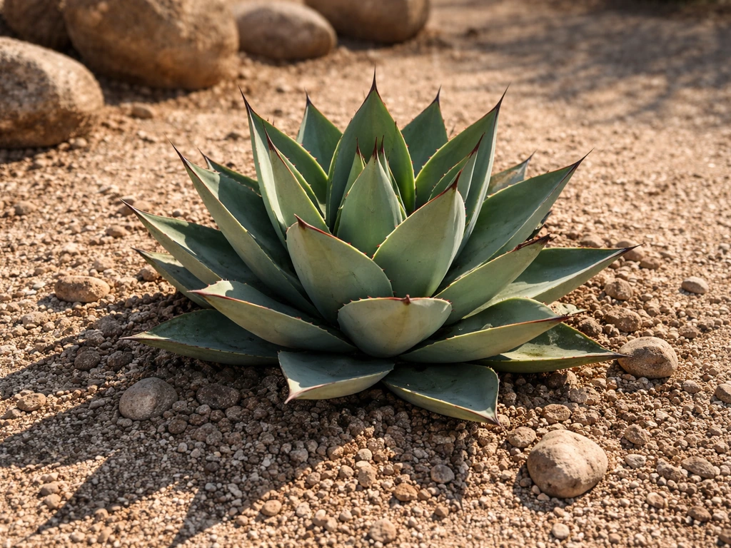 Healthy agave planted in gritty desert soil with small rocks under bright winter sun.