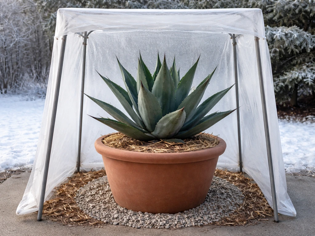 Agave in a large pot on a sunny patio with dry mulch and a protective cover for winter