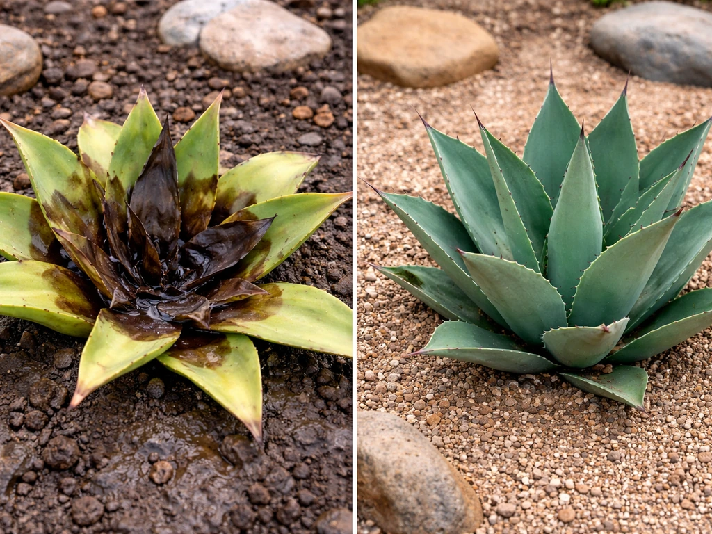 Split image of wilted agave with soft center beside healthy agave in dry, gritty soil.