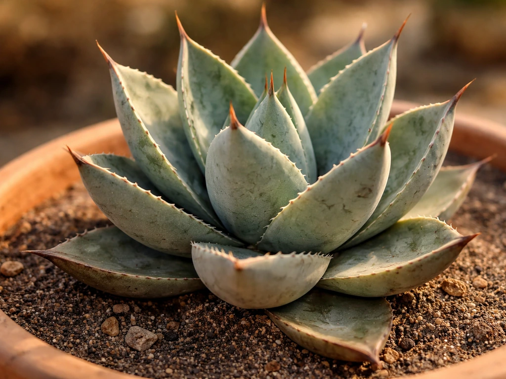 Close-up agave leaves in gritty dry soil, showing thick water-storing foliage and arid stress cues.