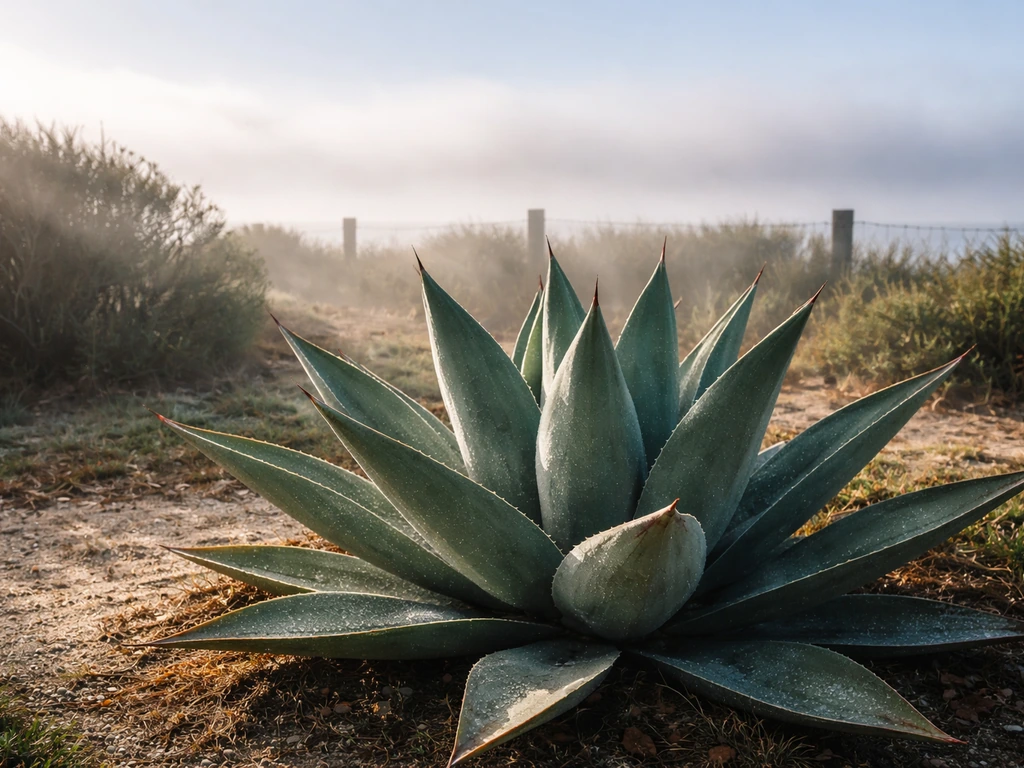 Sunny coastal yard with an agave plant as low fog/mist drifts through the background.