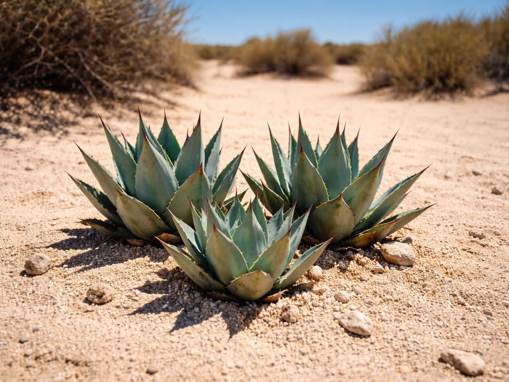 Agave plants in hot, sandy desert soil with bright sun and dry landscape