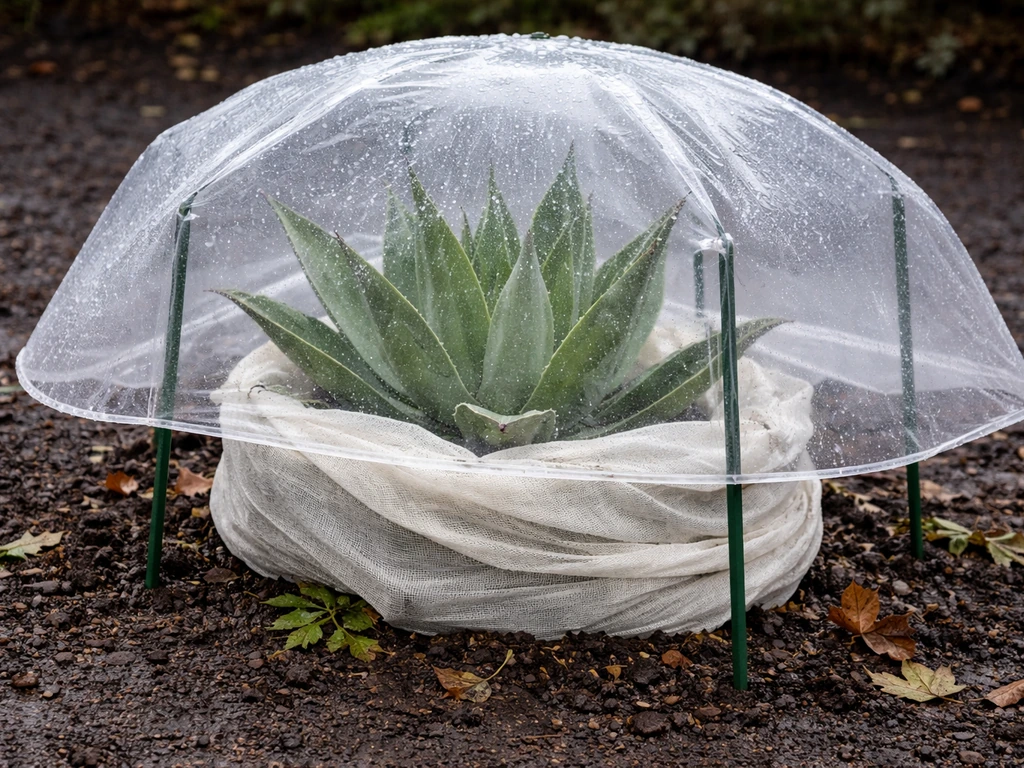 Agave partially covered with frost cloth and plastic shroud, with stakes and drainage clearance for wet winter
