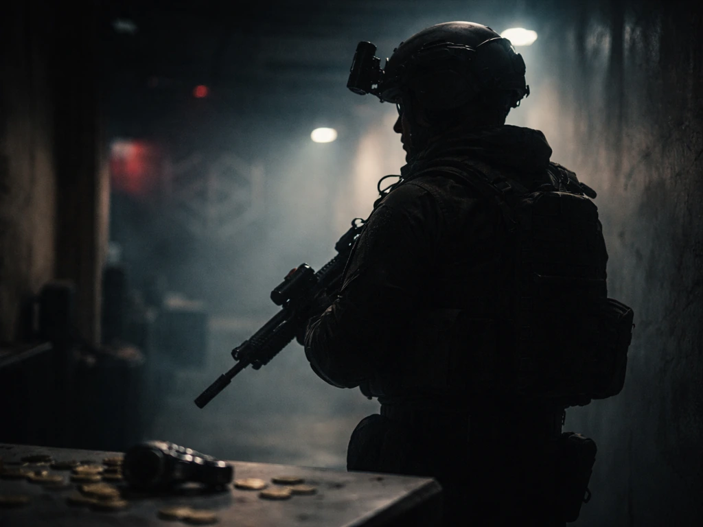 Silhouette of a tactical soldier in a dim corridor with coins and moody lighting, cinematic and minimal.