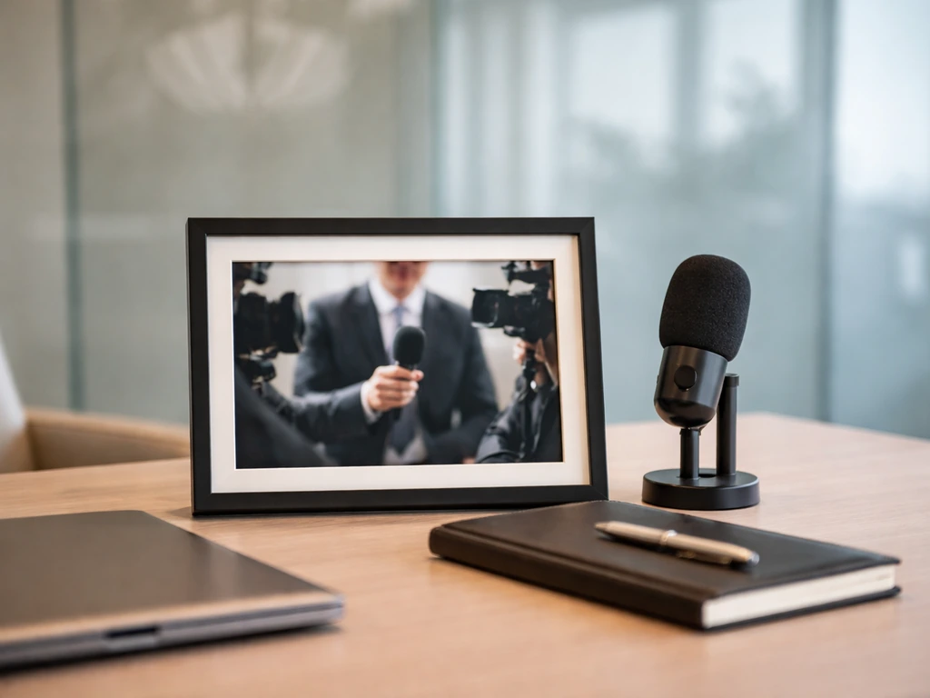 Framed interview-style photo in a modern corporate office, suggesting media and executive wealth research.