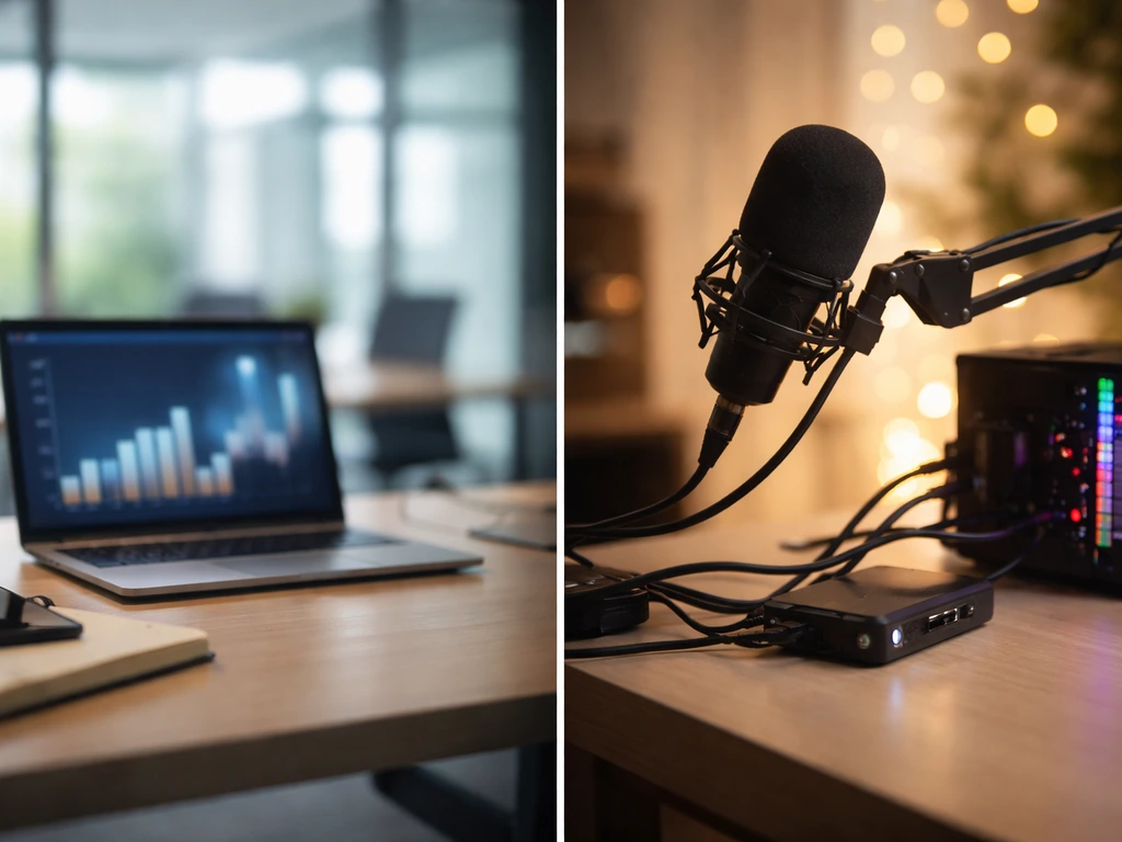 Split desk scene: blurred finance dashboard on the left and streaming mic/gear on the right, no text.