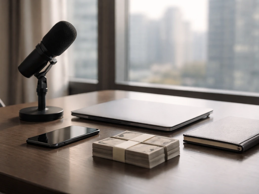 Minimal desk scene with a microphone and money-like bundles symbolizing a net worth estimate figure.