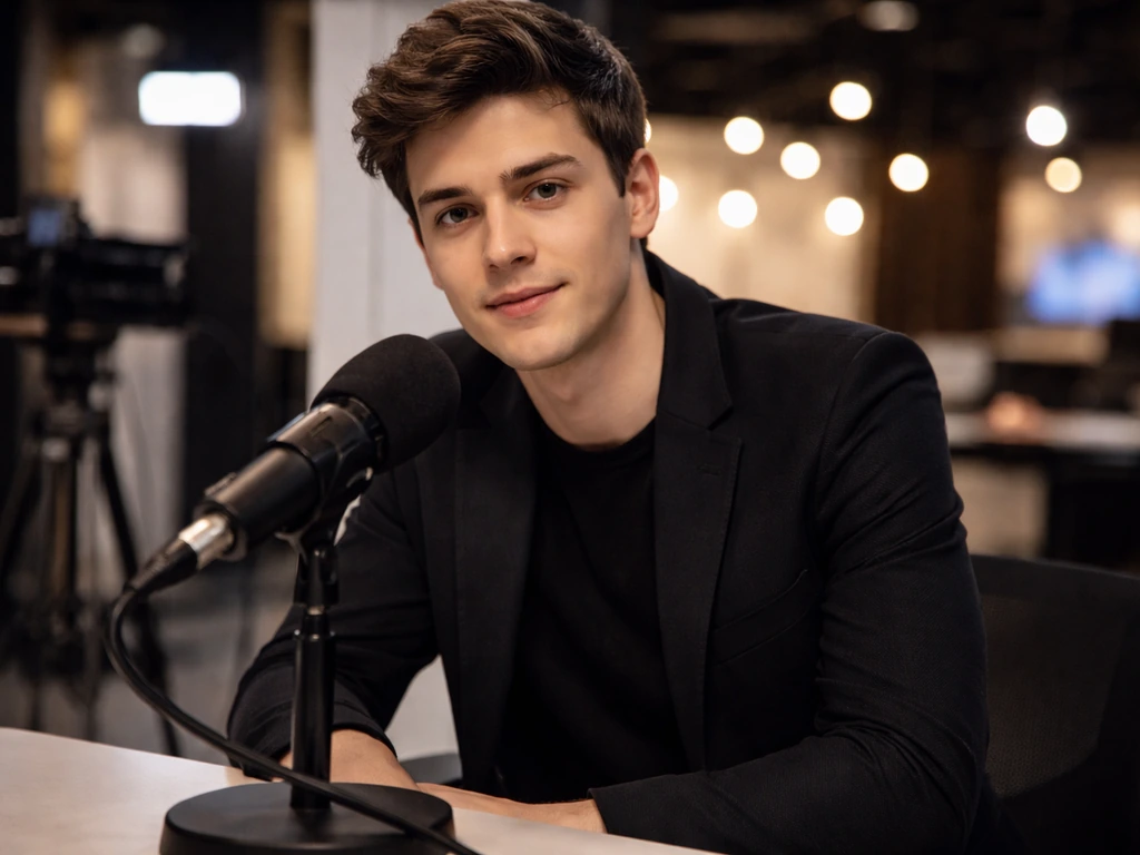 Anonymous TV host at a studio desk with a broadcast microphone and softly blurred studio lights.