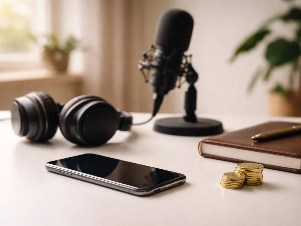 Close-up of a smartphone beside headphones and a studio microphone, symbolizing social media monetization.