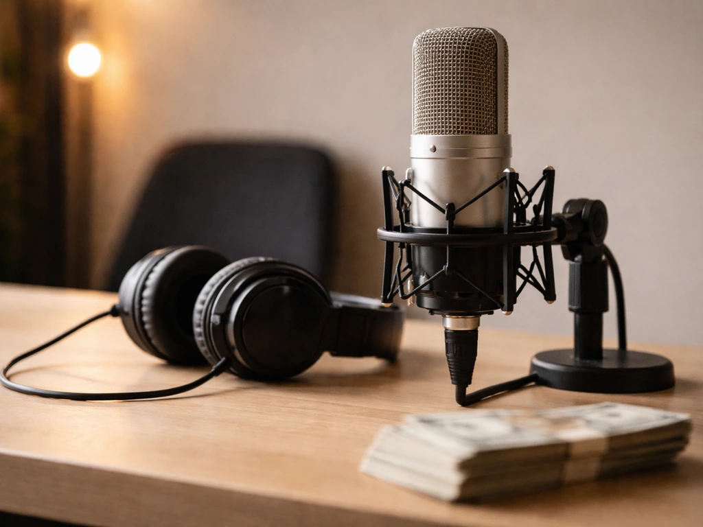 Studio microphone and headphones on a desk with softly blurred cash symbolism, no people shown