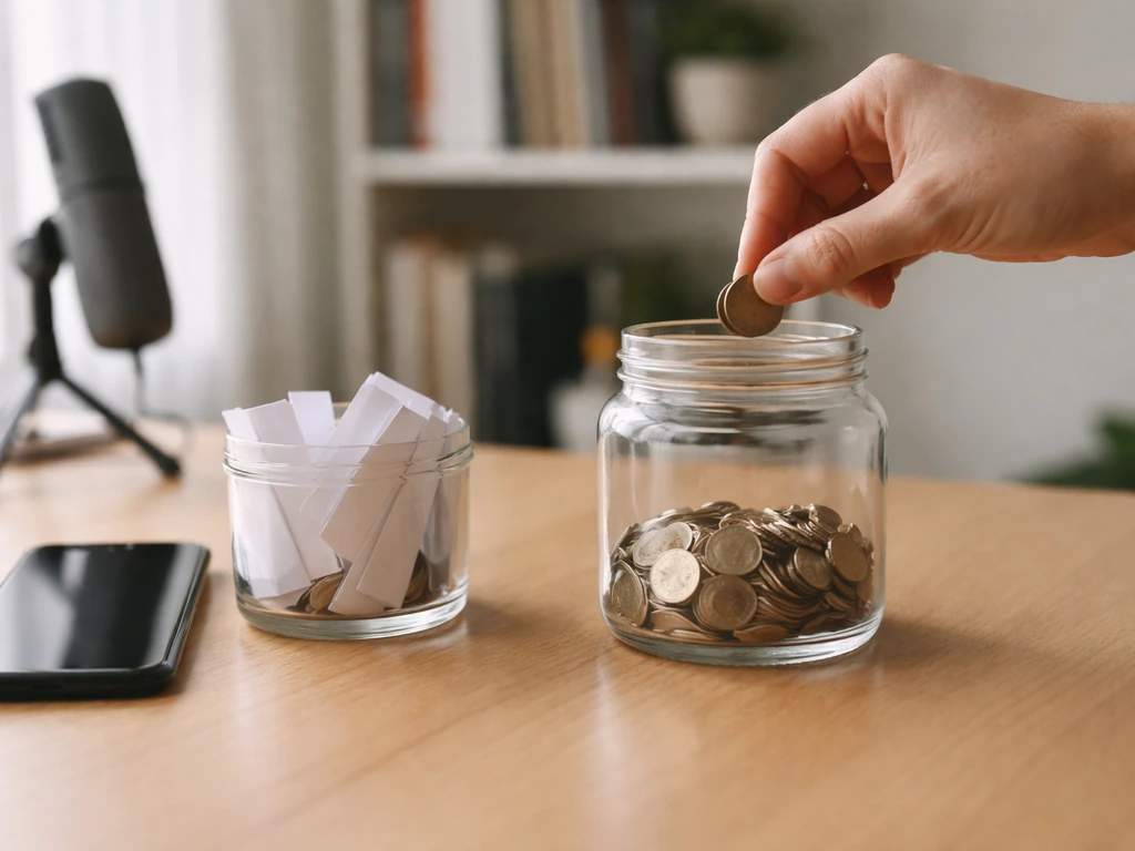 Hand drops coins into a glass jar on a desk, symbolizing assets and income accumulating over time.