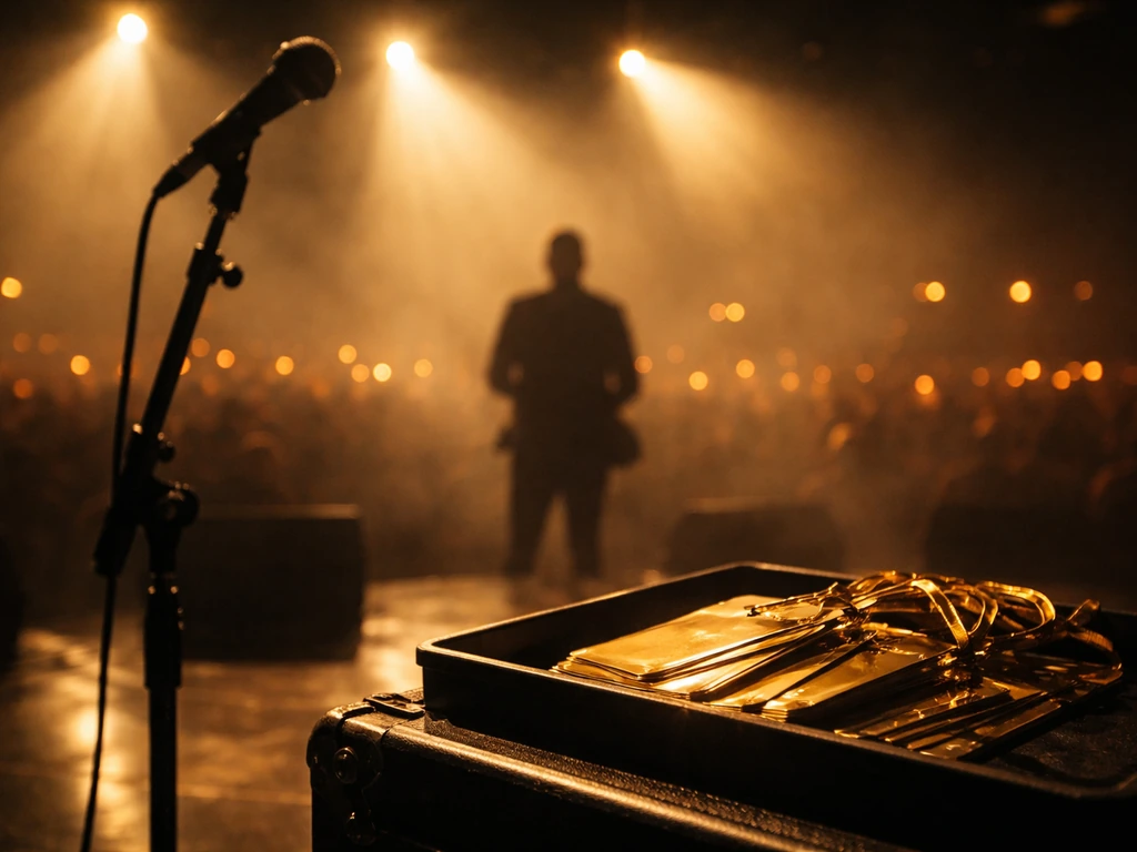 Concert stage with warm spotlights and a microphone stand, with gold-toned passes on a tray