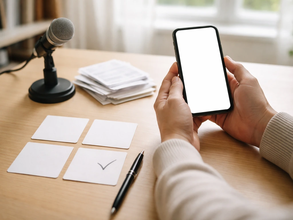 Hands reviewing a blank checklist setup on a desk with phone, microphone, and paperwork.