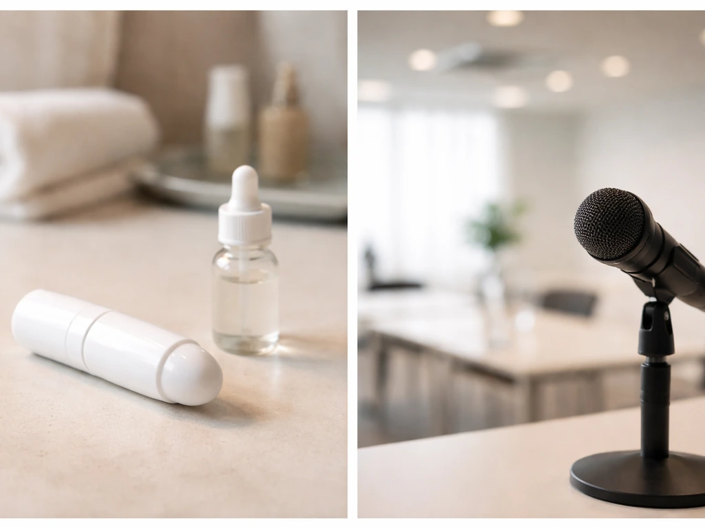 Minimal collage-style photo showing a personal care nasal inhaler product and a TV studio microphone setup