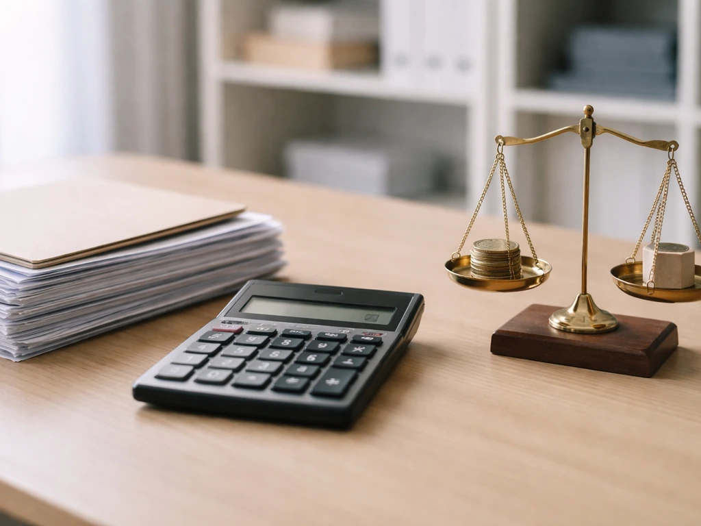 Calculator and neatly stacked documents beside a balance scale, symbolizing assets minus liabilities