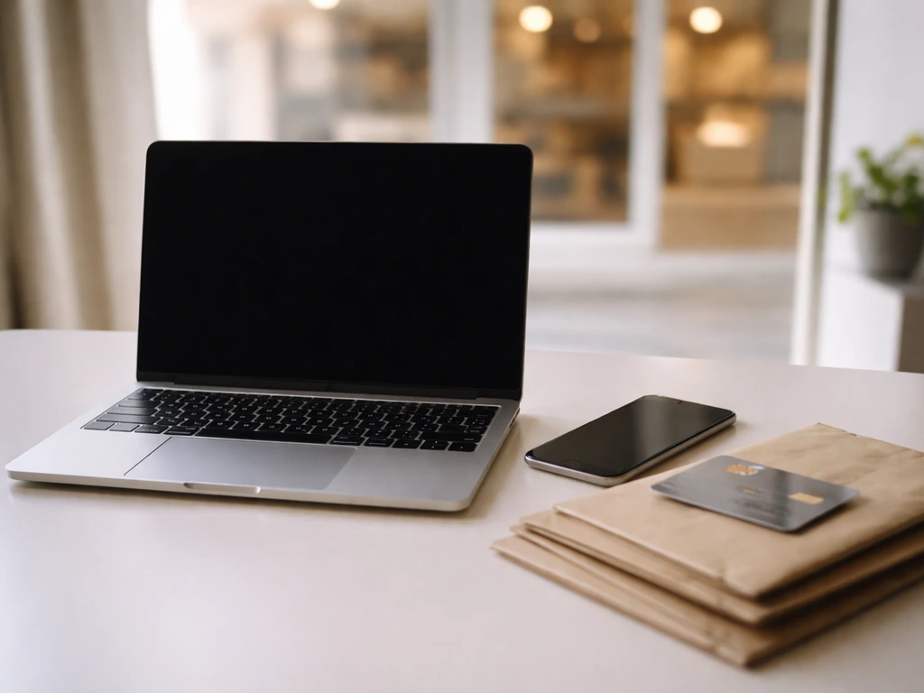 Minimal desk scene with a smartphone, credit card, and blurred storefront background suggesting product sales and e-comm
