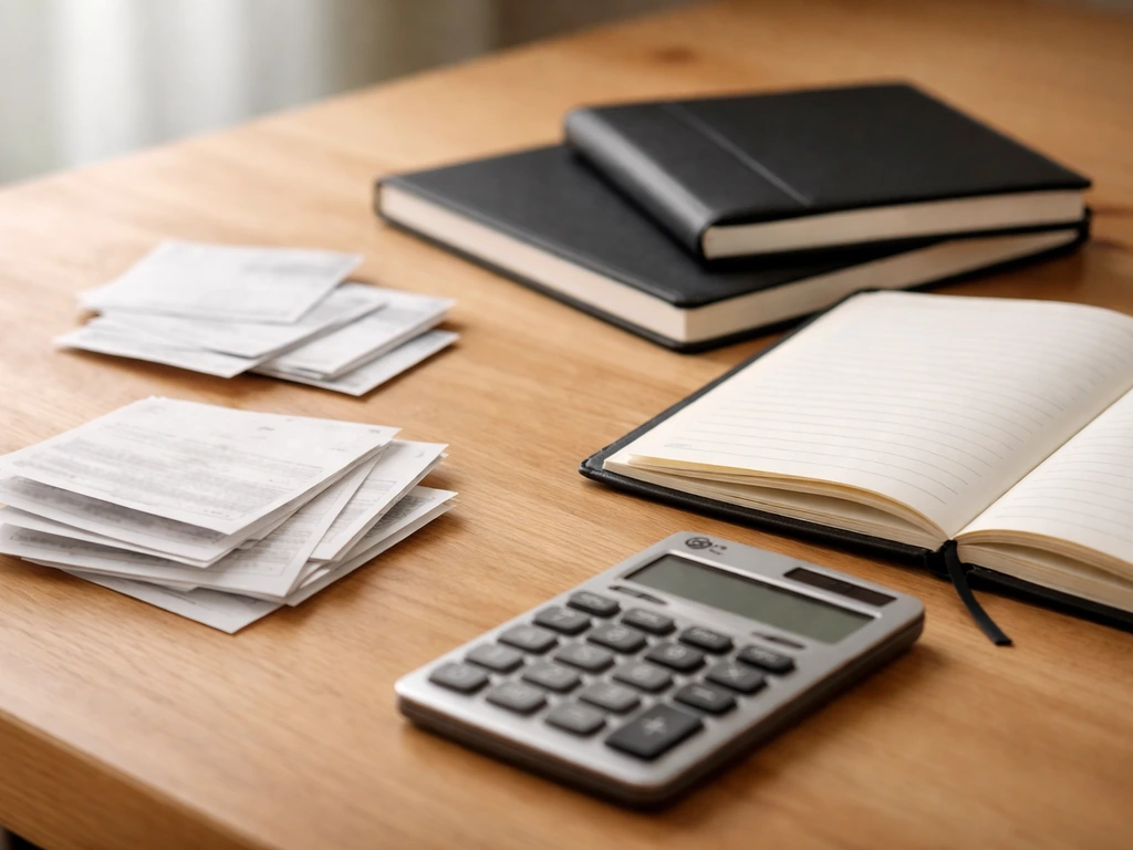 Close-up of neatly arranged business expense items and a calculator on a wooden desk