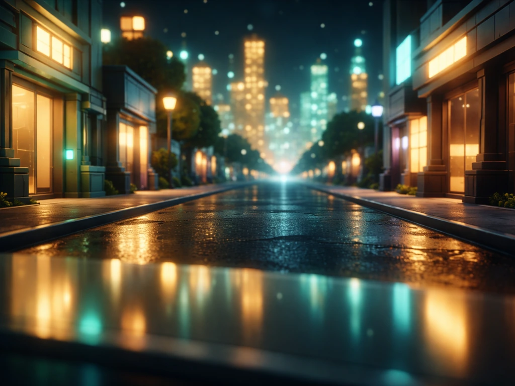 Cinematic view of a neon metaverse street with a reflective money-themed glow in the background