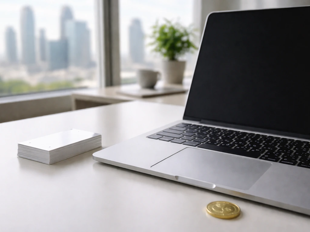 Open laptop on a desk with a gold coin, symbolizing market/equity value in a quiet office.