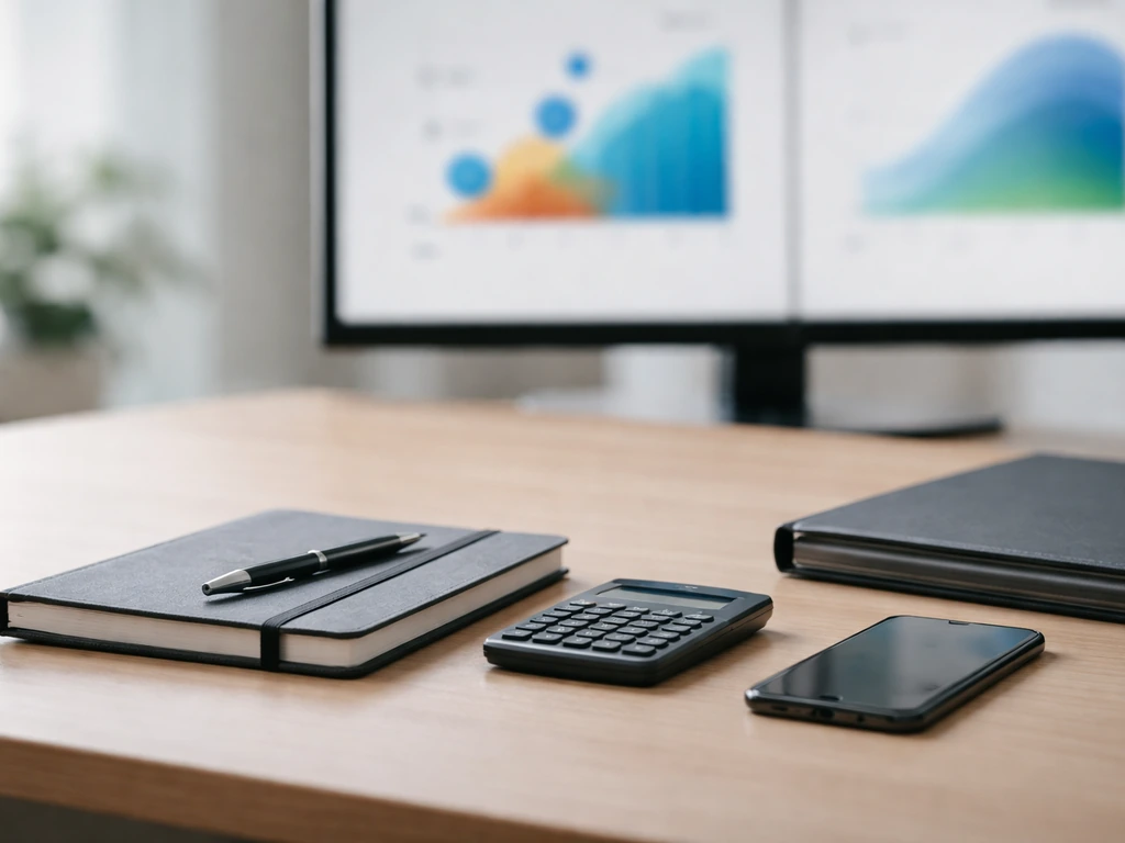 Minimal photo of a desk with a notebook, calculator, and two blurred financial charts for valuation approaches.
