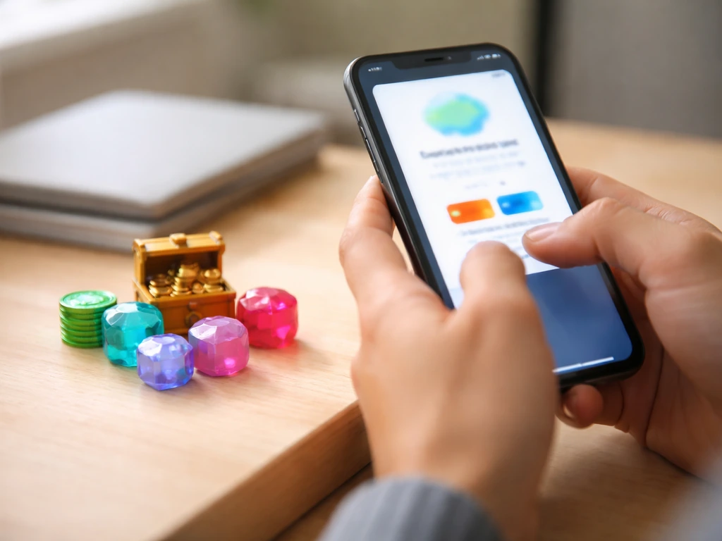 Hands holding a smartphone near colorful game accessory tokens, suggesting virtual currency purchase to items.